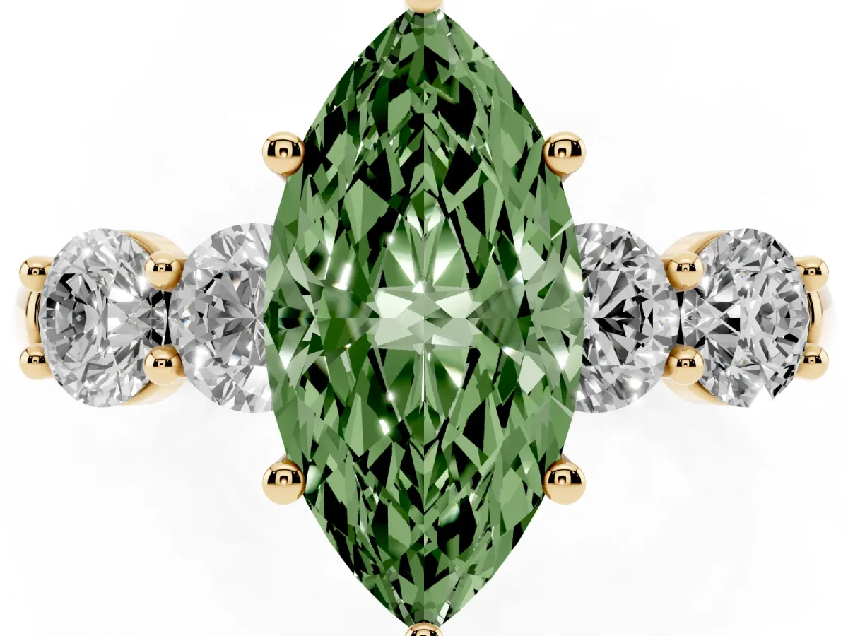 Fancy Green Marquise Cut Cut Five-Stone Prong Set Diamond Ring with Classic Band Yellow gold