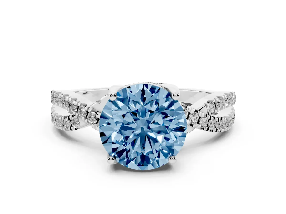 Fancy Blue Round Cut Solitaire Twist Pave Diamond Engagement Ring with Prong Setting Silver