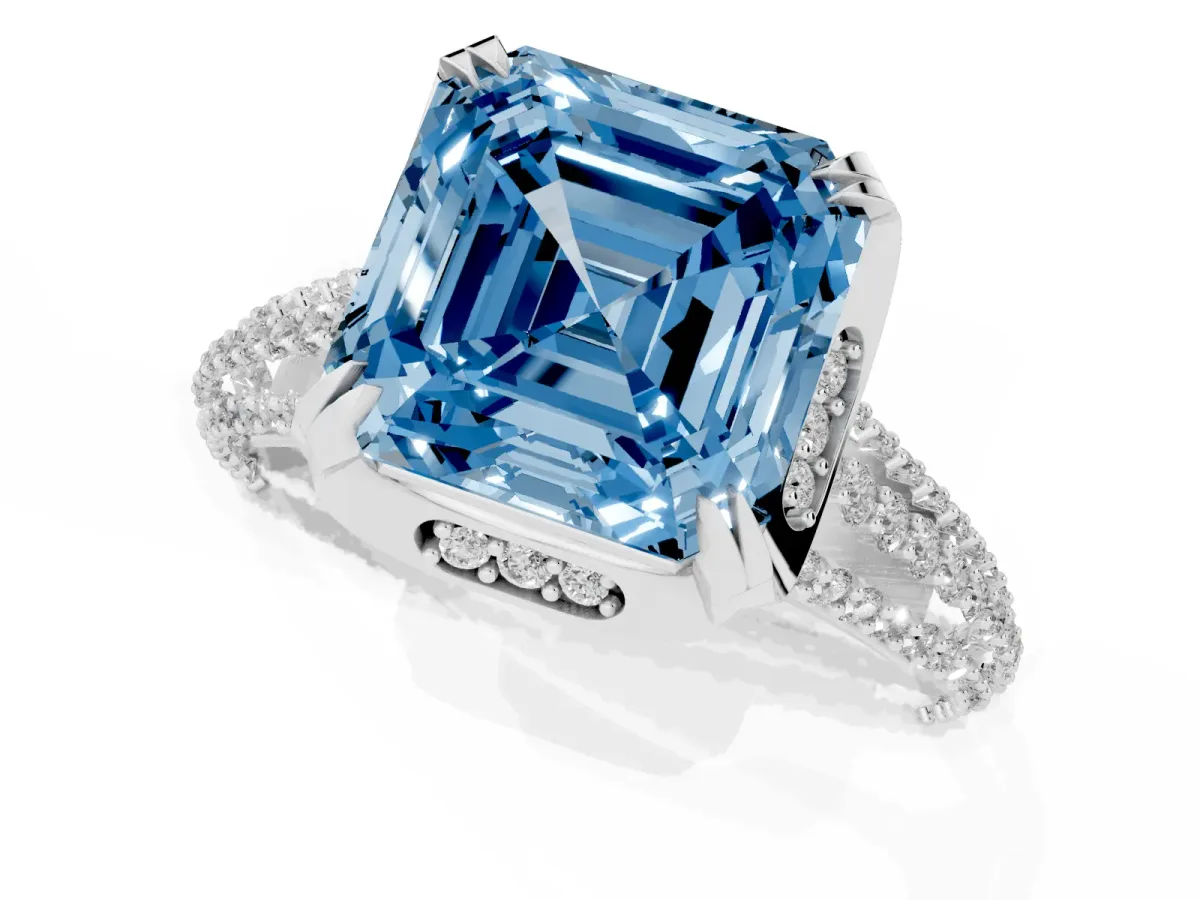 Fancy Blue Asscher Cut Solitaire Pave Split Shank Ring with Four-Prong Setting White gold