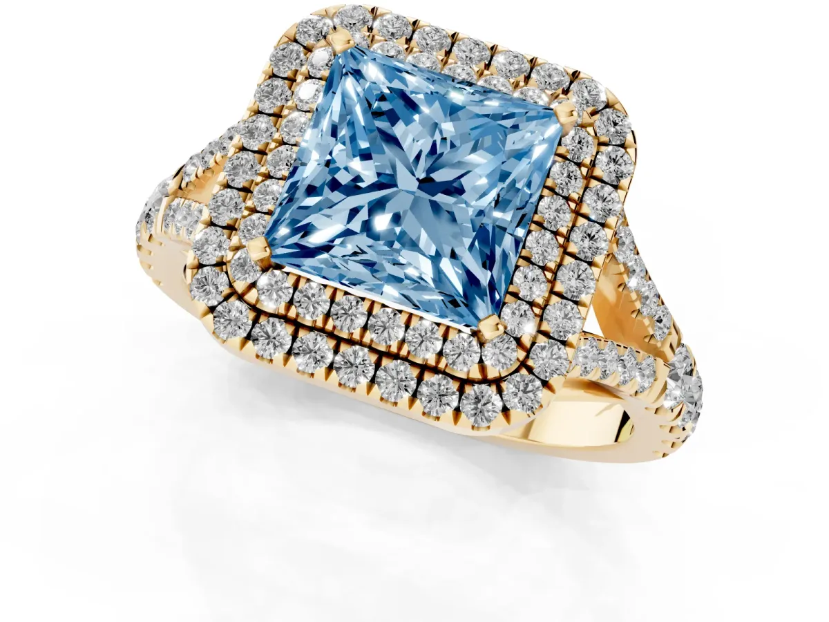 Fancy Blue Princess Cut Cut Double Halo Split Shank Diamond Ring with Prong Setting Yellow gold