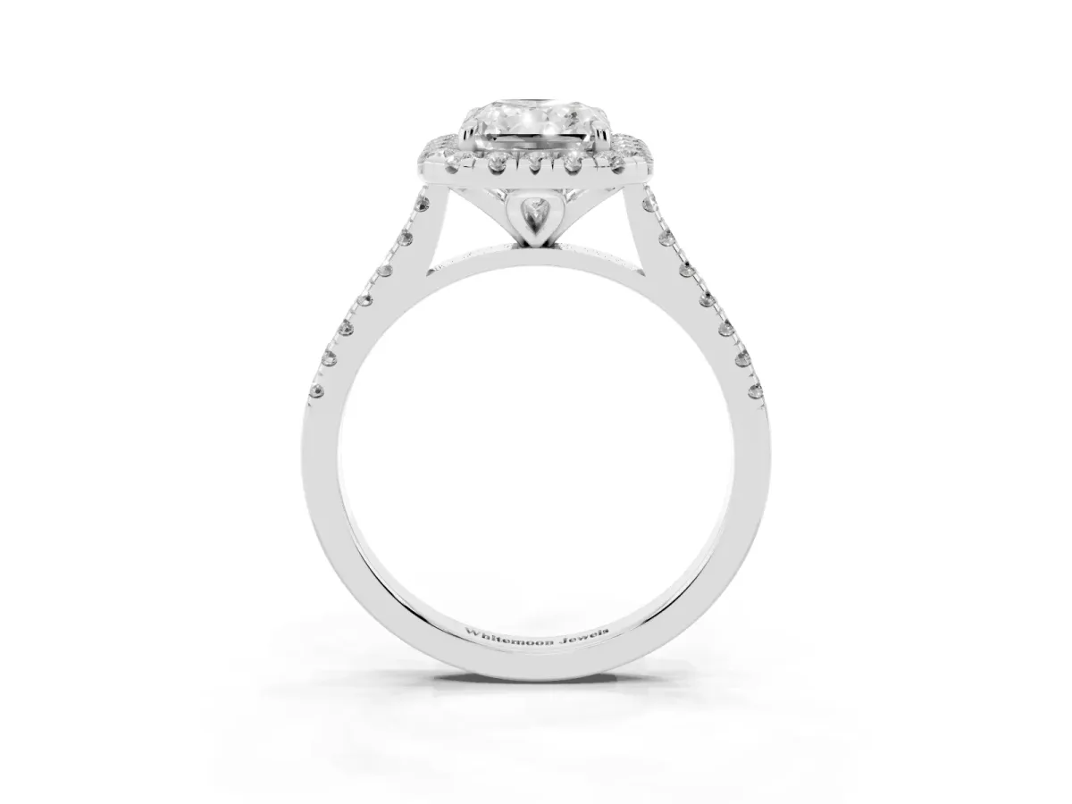 Radiant Cut Diamond Cushion Halo Ring with Pavé Band Silver