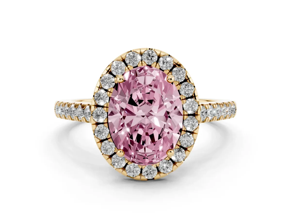 Fancy Pink Oval Cut Halo Pavé Diamond Engagement Ring with Four-Prong Setting Yellow gold