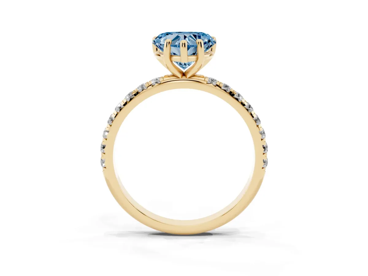 Fancy Blue Heart Cut Cut Diamond Solitaire Ring with Micro Pave Band and Four Prong Setting Yellow gold