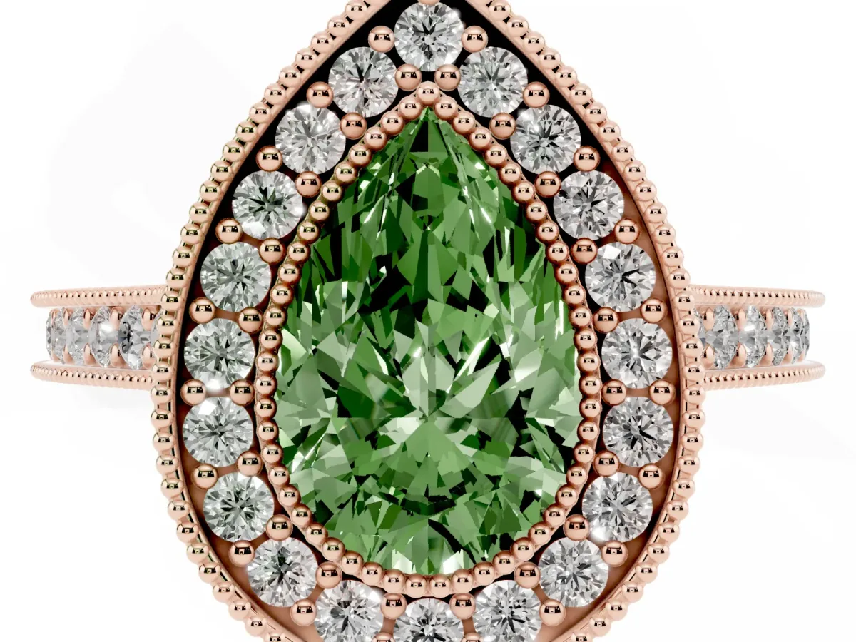 Fancy Green Halo Pear Cut-Cut Diamond Pave Band Milgrain Prong Setting Ring Rose gold