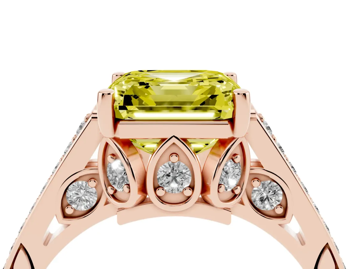 Fancy Yellow Asscher Cut Cut Cathedral Pave Diamond Engagement Ring with Six-Prong Setting Rose gold