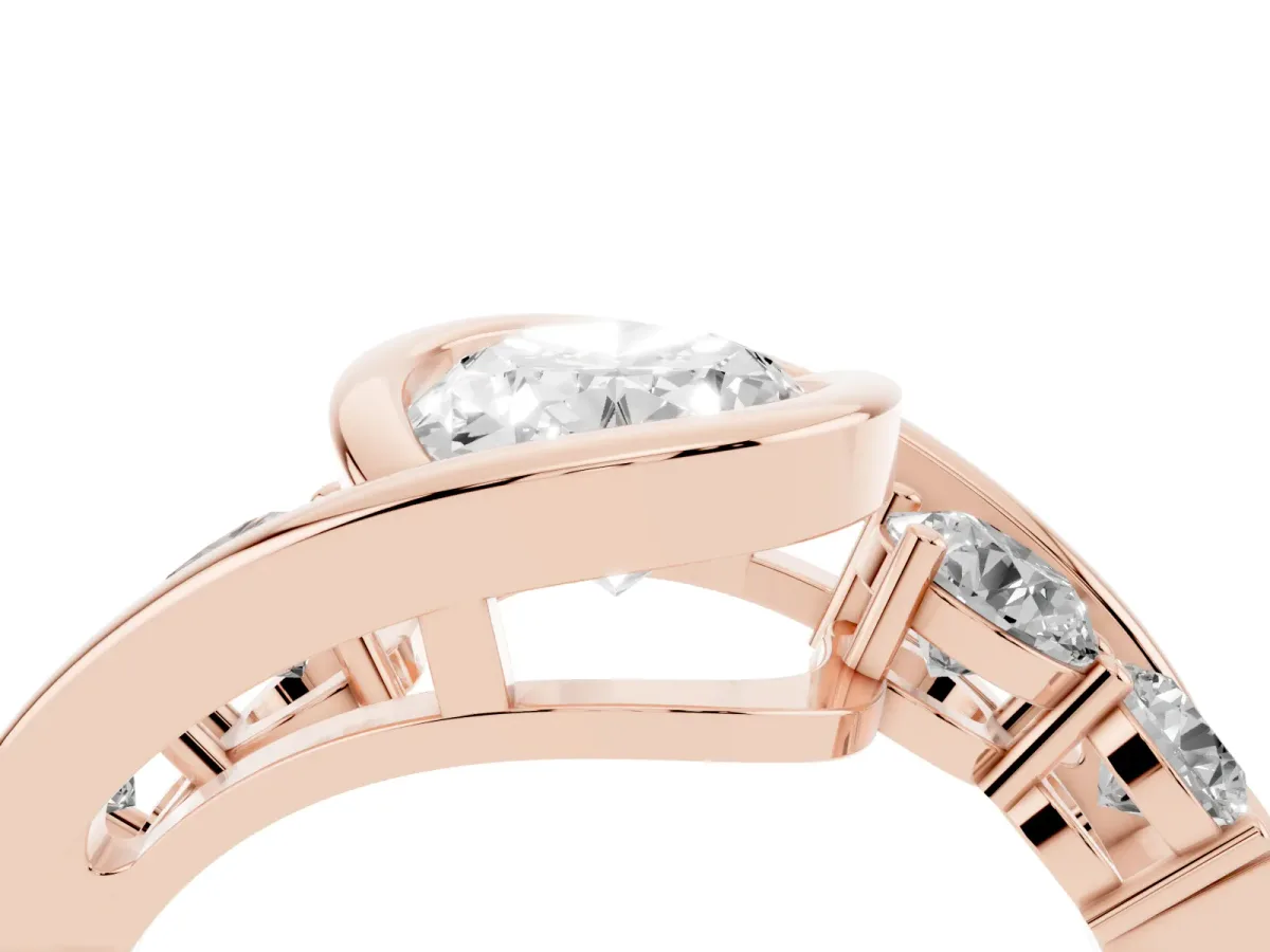 Bezel Set Oval Cut Diamond Bypass Ring with Round Accents Rose gold