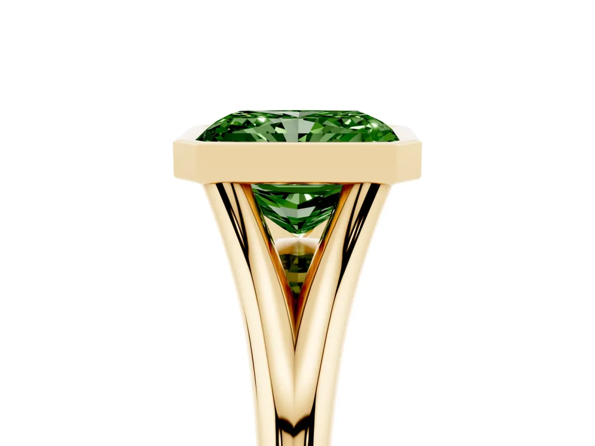 Fancy Green Bezel Set Radiant Cut Cut Solitaire Ring with Tapered Band Yellow gold