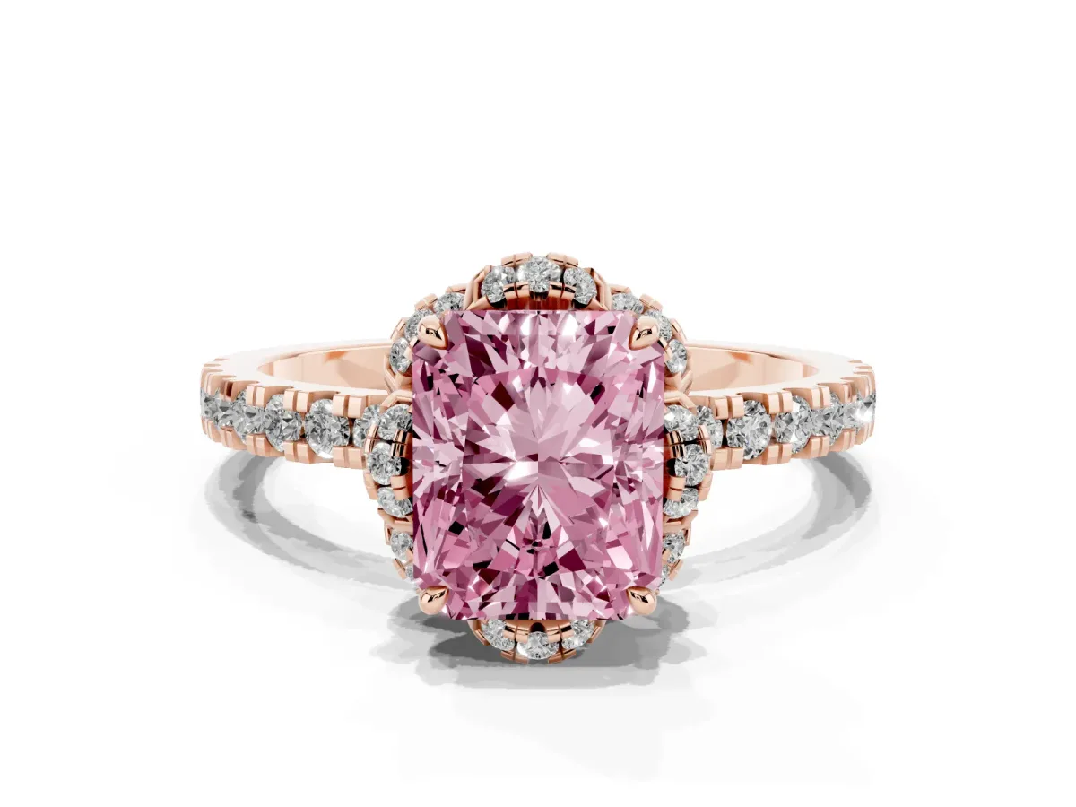 Fancy Pink Radiant Cut Diamond Halo Pave Band with Four-Prong Setting Rose gold