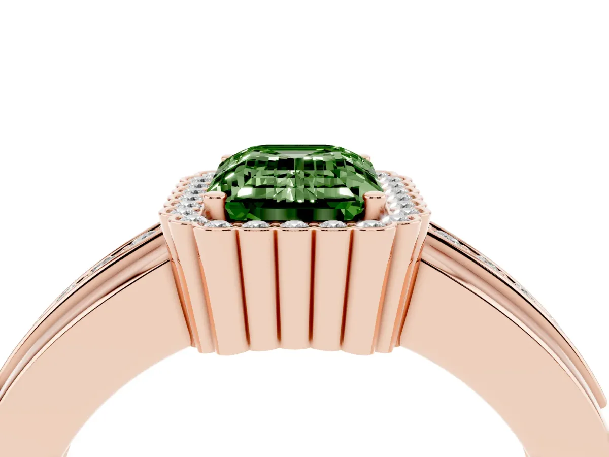 Fancy Green Emerald Cut Cut Halo Pave Band Four-Prong Ring Rose gold