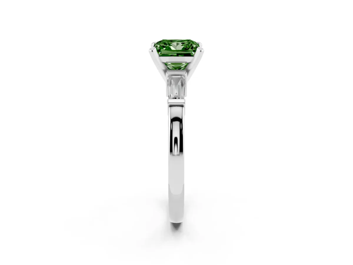 Fancy Green Princess Cut Cut Diamond Solitaire Ring with Tapered Baguette Accents and Four-Prong Setting Platinum
