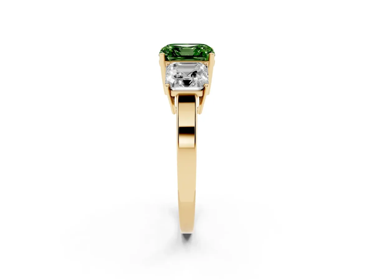 Fancy Green Three-Stone Asscher Cut Cut Diamond Engagement Ring with Flat Band and Four-Prong Setting Yellow gold