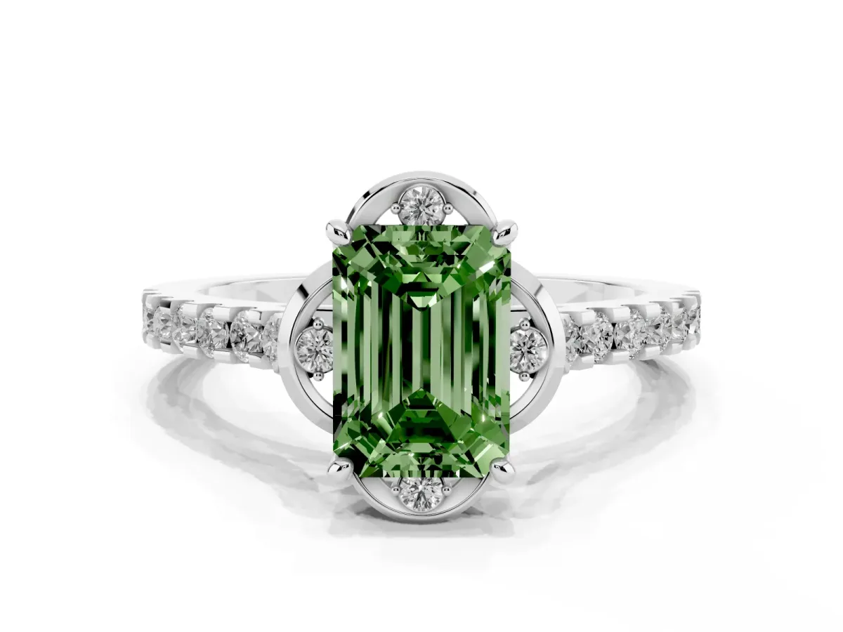 Fancy Green Emerald Cut Diamond Ring with Pavé Band and Floral Prong Setting Silver
