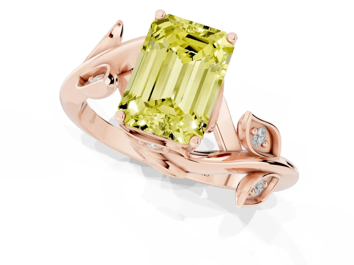 Fancy Yellow Emerald Cut Solitaire Twist Engagement Ring with Leaf Accents and Prong Setting Rose gold