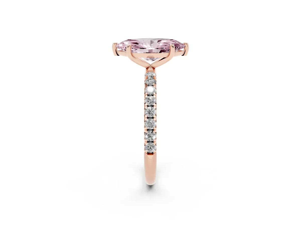Fancy Pink Marquise Cut Cut Diamond Solitaire Ring with Micro Pave Band and Four Prong Setting Rose gold