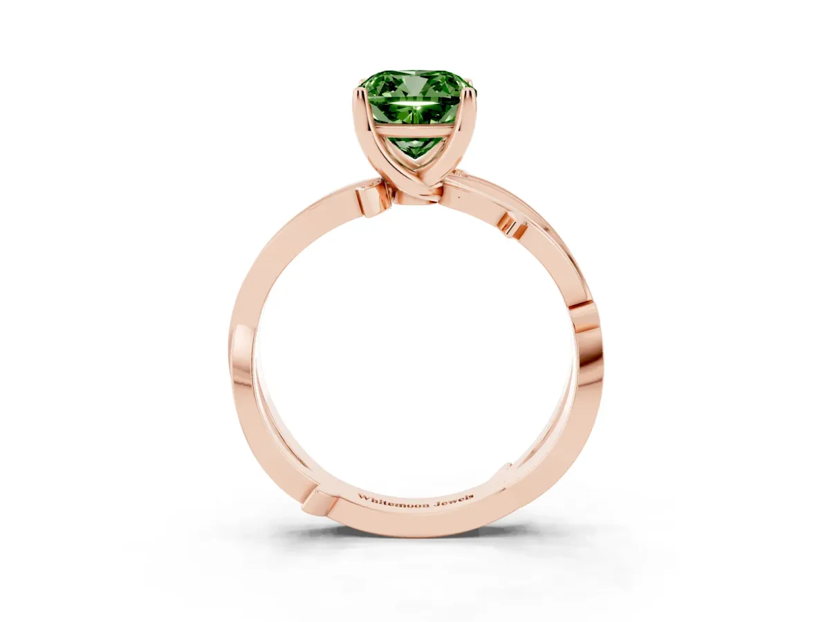 Fancy Green Cushion Cut Solitaire Twist Band with Pavé Accents and Four-Prong Setting Rose gold