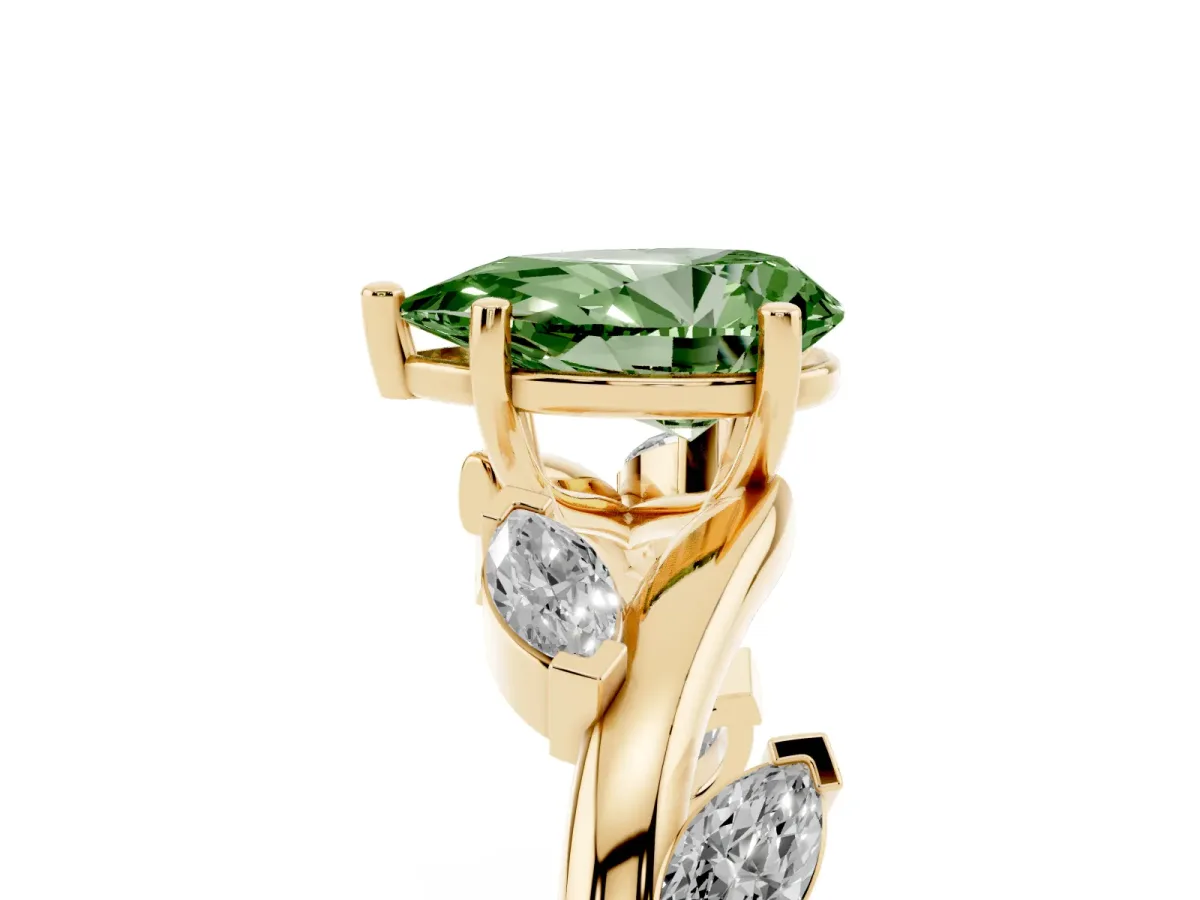 Fancy Green Pear Cut Solitaire Twisted Band Marquise Accent Prong Setting Ring Yellow gold