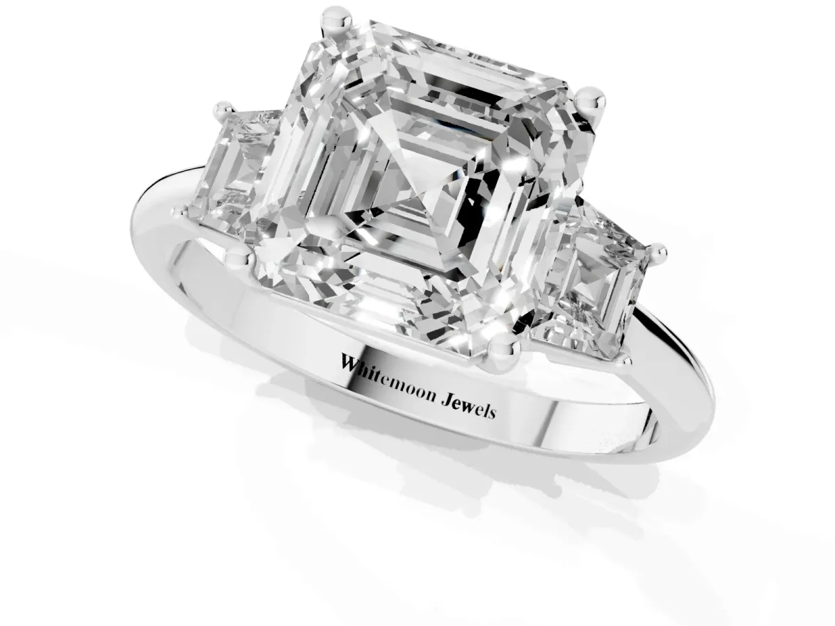Asscher Cut Diamond Three-Stone Ring with Trapezoid Side Stones and Prong Setting Silver