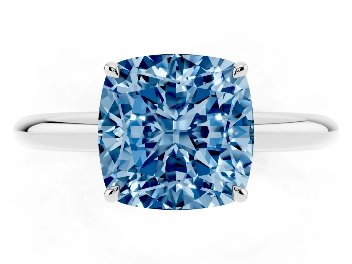 Fancy Blue Cushion Cut Brilliant Solitaire Engagement Ring with Six-Prong Setting and Classic Band White gold
