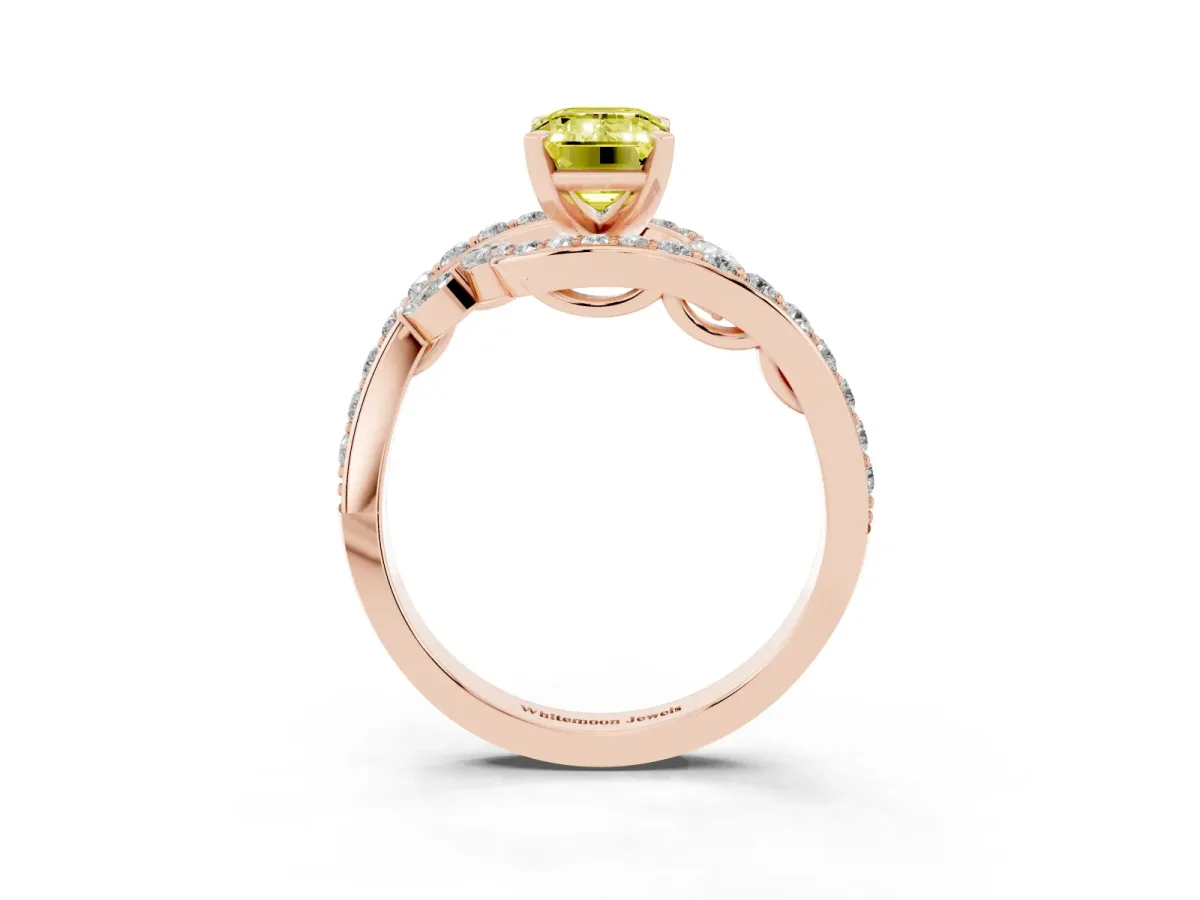 Fancy Yellow Emerald Cut Solitaire with Pavé Twist Band and Four-Prong Setting Rose gold