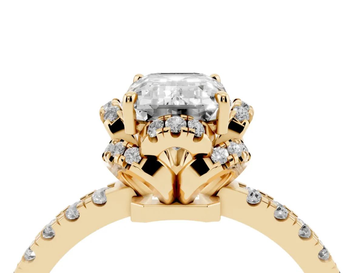 Emerald Cut Diamond Halo Pave Band with Four-Prong Setting Yellow gold