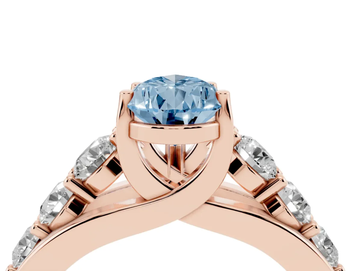 Fancy Blue Pear Cut Diamond Engagement Ring with Pavé Band and Four-Prong Setting Rose gold