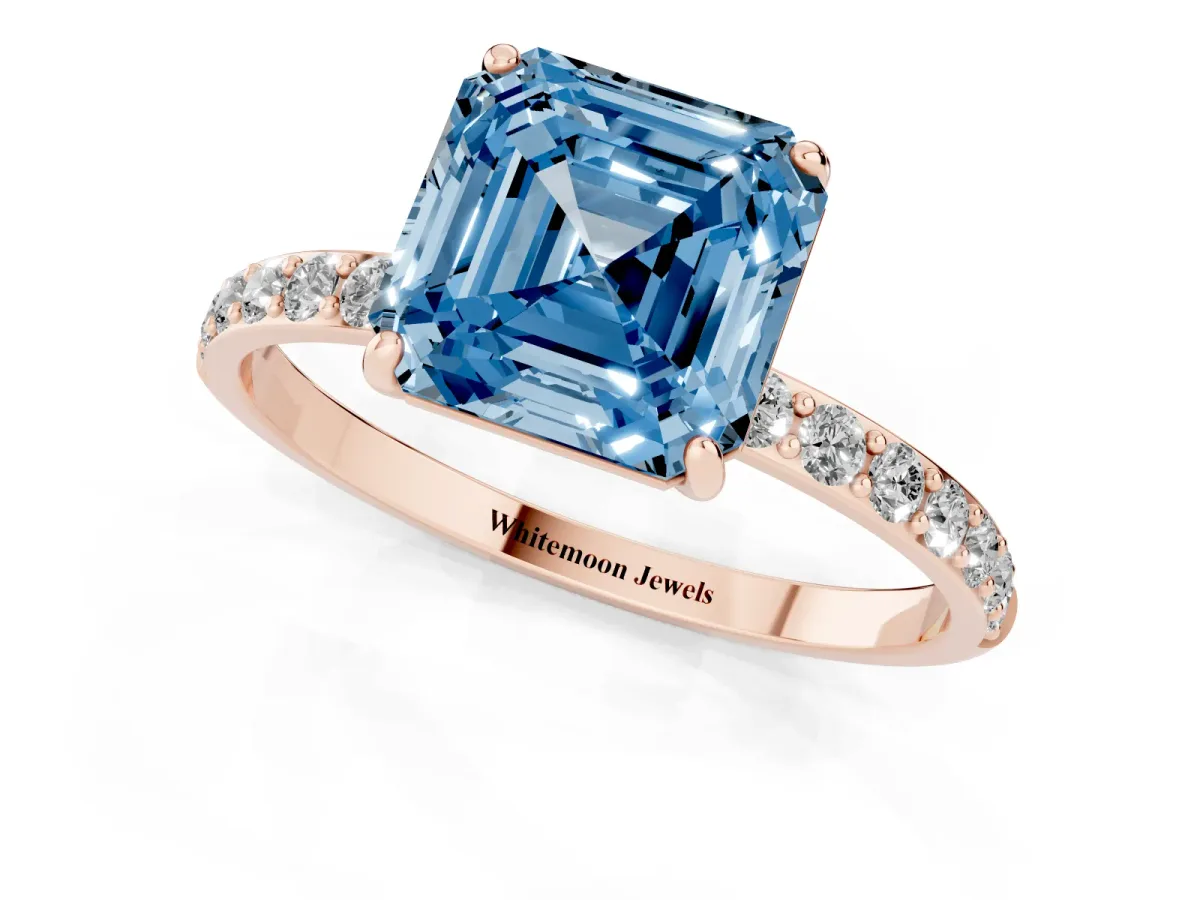 Fancy Blue Asscher Cut Diamond Solitaire Ring with Round Pavé Shoulders and Prong Setting Rose gold