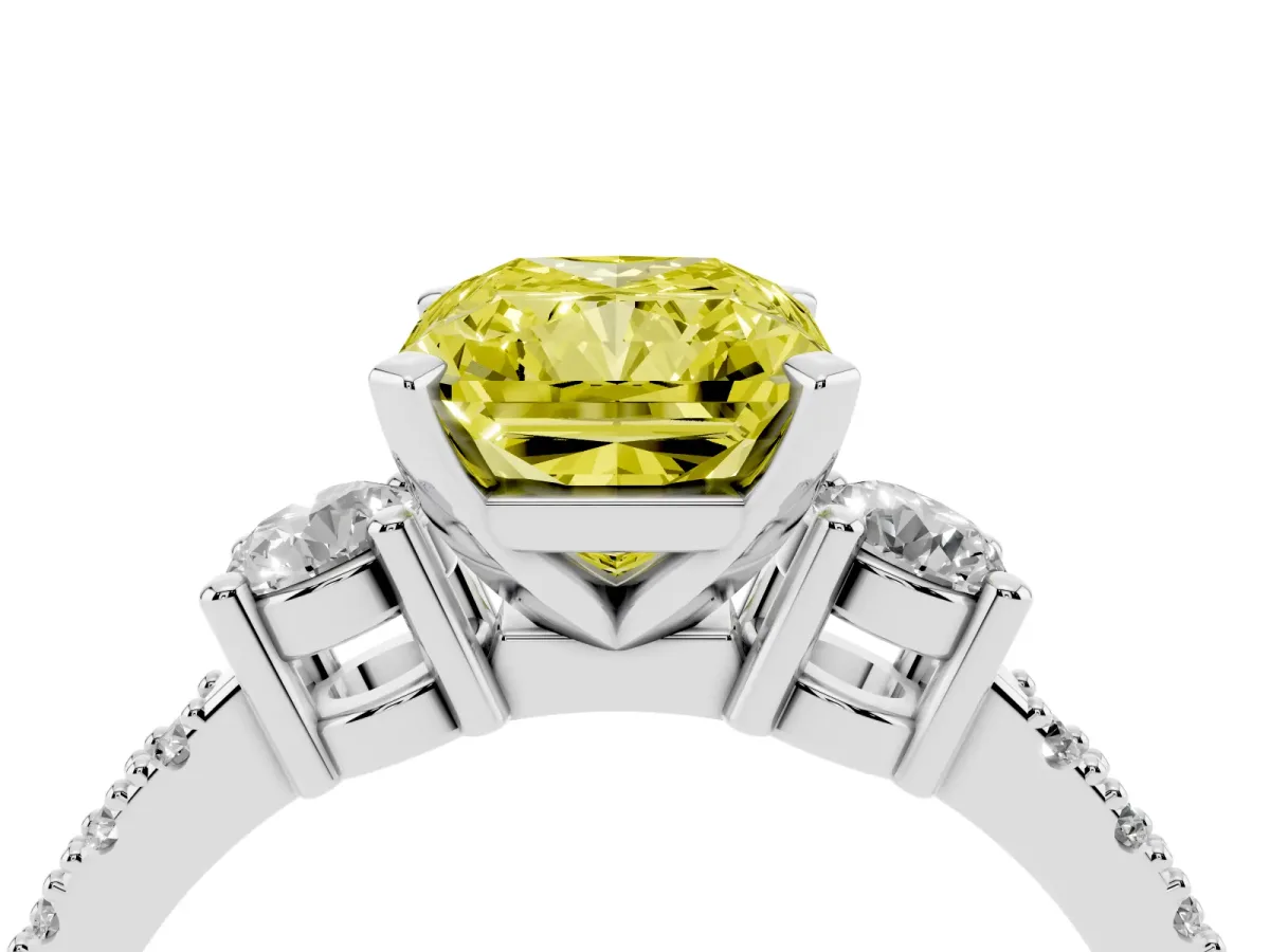 Fancy Yellow Radiant Cut Three-Stone Diamond Pavé Band with Prong Setting Silver