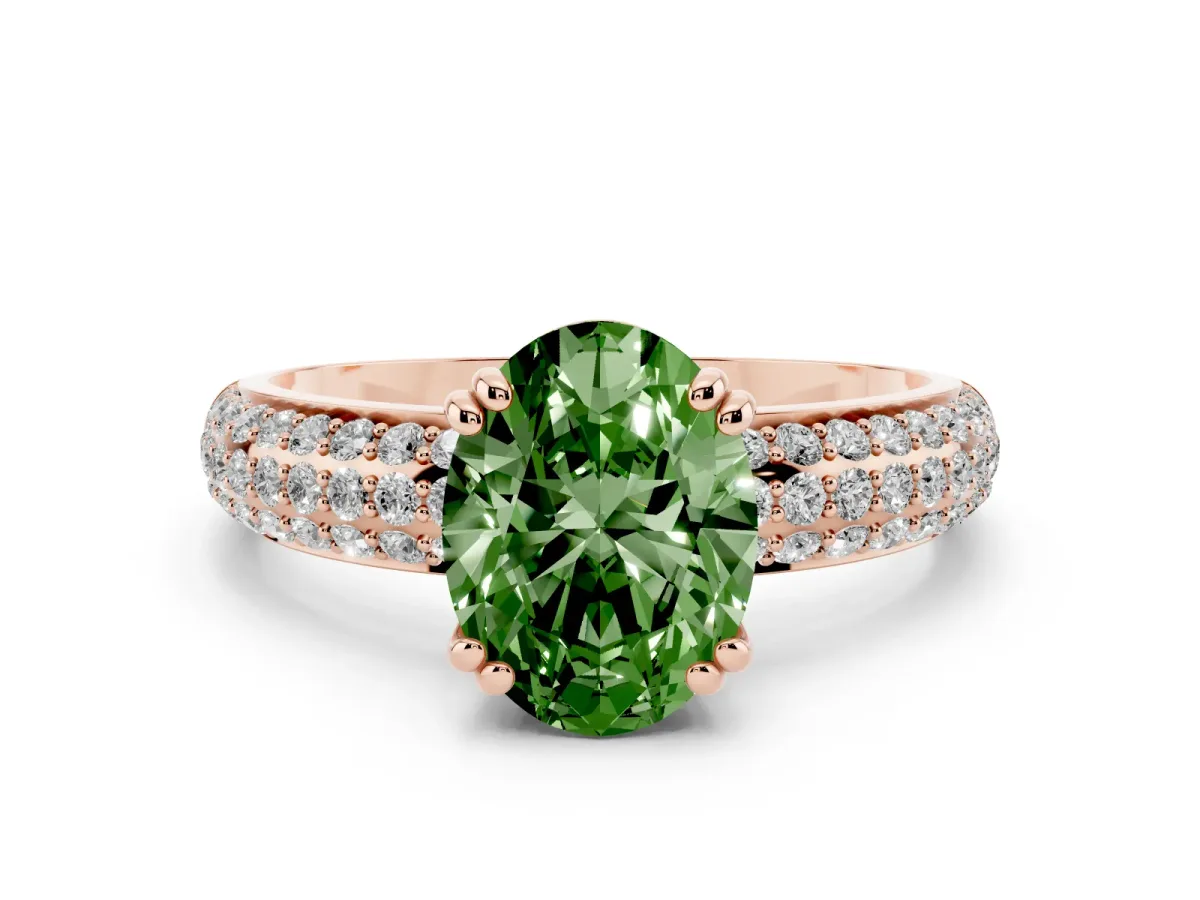 Fancy Green Oval Cut Diamond Solitaire Ring with Multi-Row Round Pavé Band and Prong Setting Rose gold