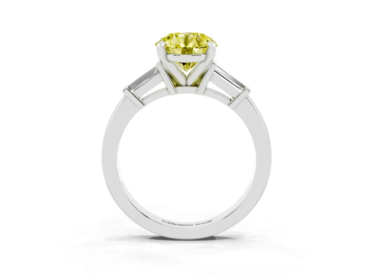 Fancy Yellow Round Cut Cut Diamond Solitaire Ring with Tapered Baguette Accents and Four-Prong Setting White gold