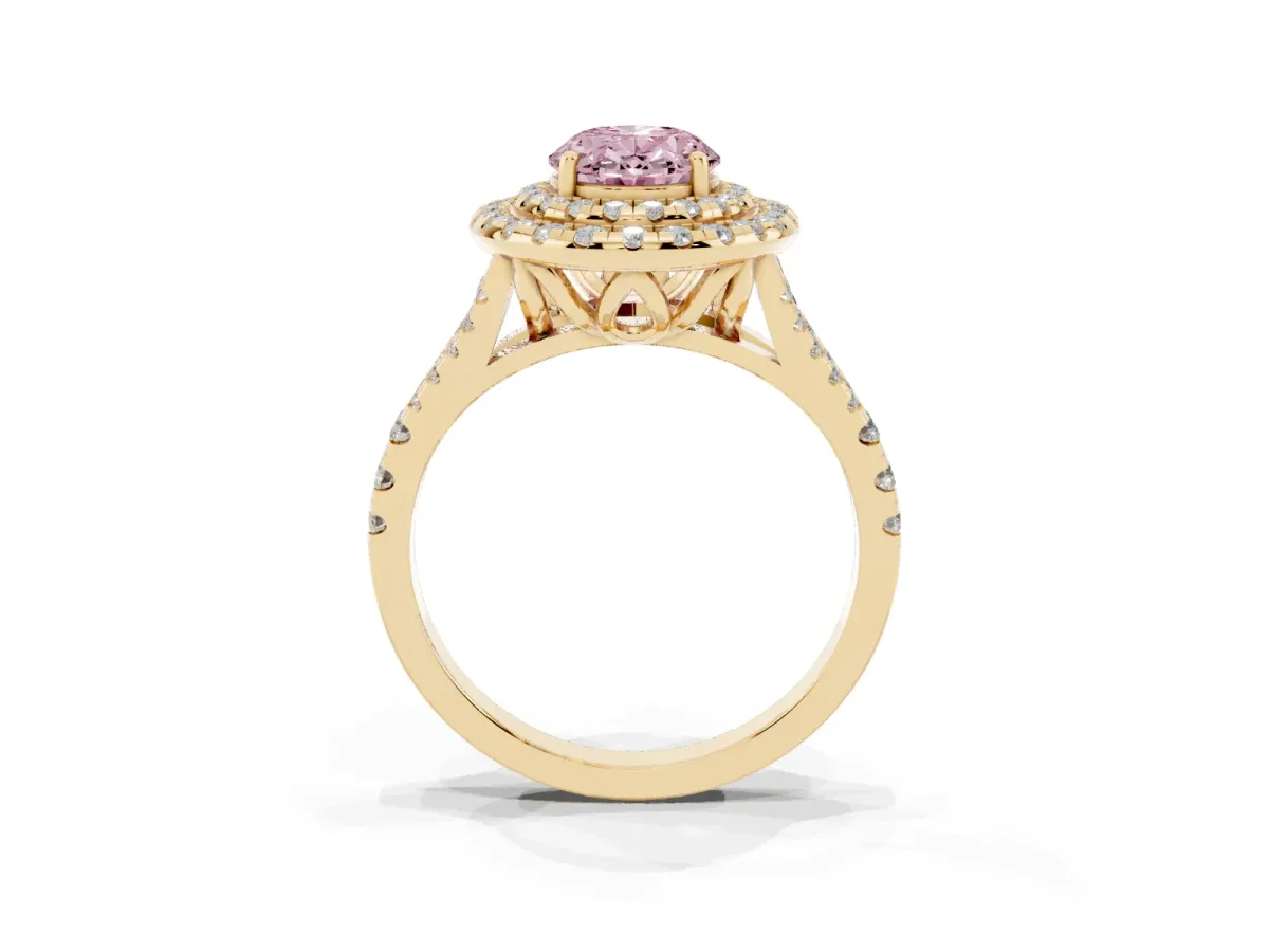 Fancy Pink Double Halo Oval Cut Diamond Pavé Split Shank Ring with Prong Setting Yellow gold
