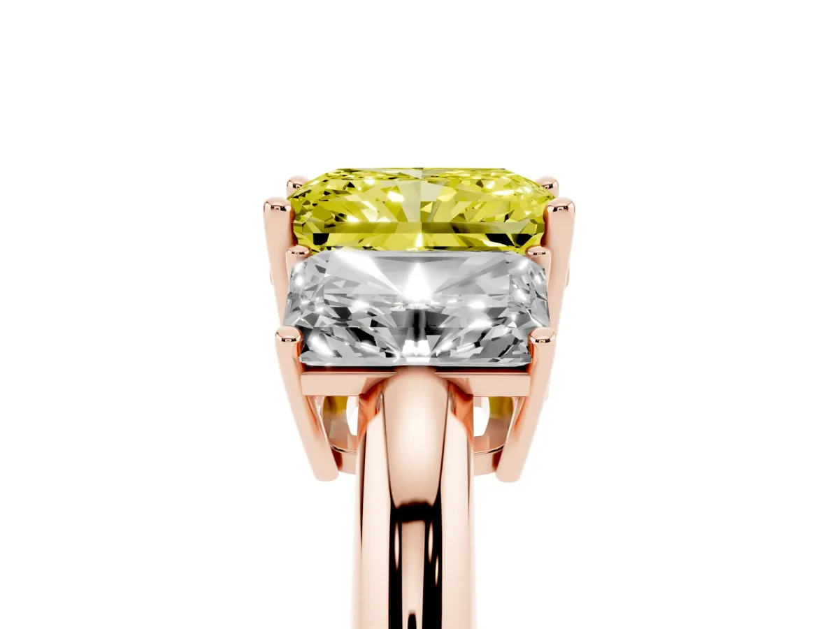 Fancy Yellow Three-Stone Radiant Cut Cut Diamond Engagement Ring with Prong Setting on a White Gold Band Rose gold