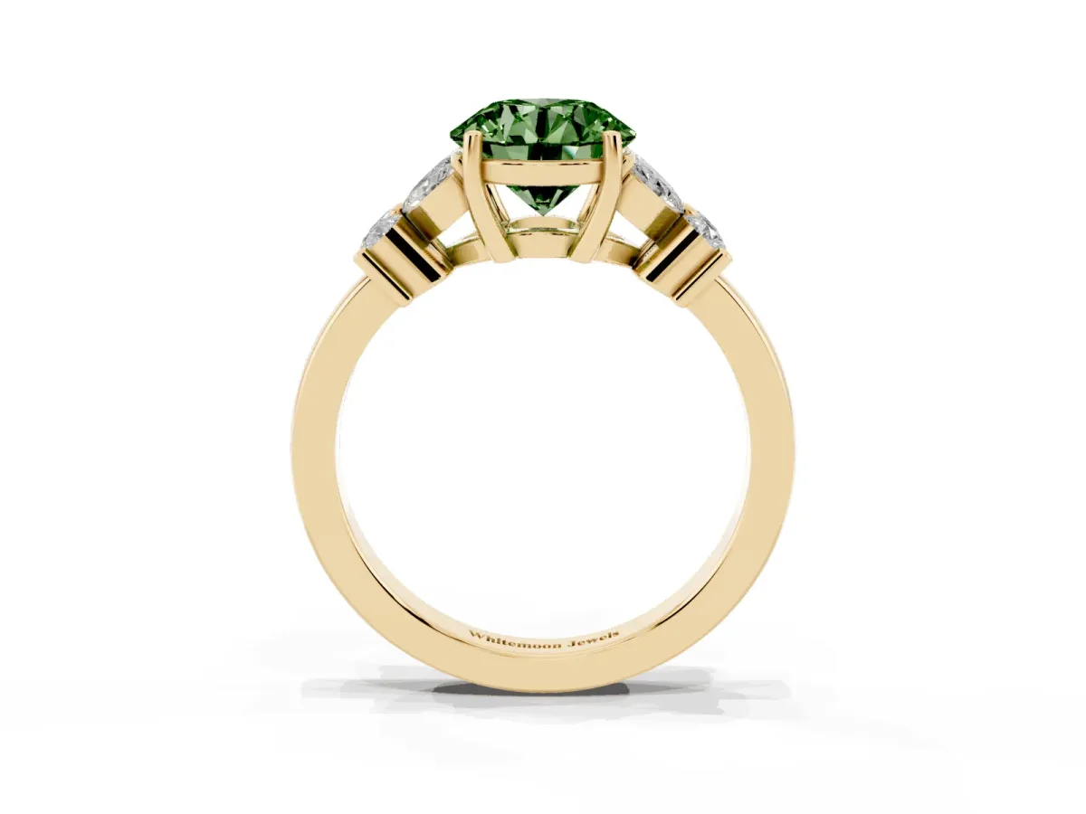 Fancy Green Round Cut Diamond Floral Cluster Ring with Solitaire Band and Prong Setting Yellow gold