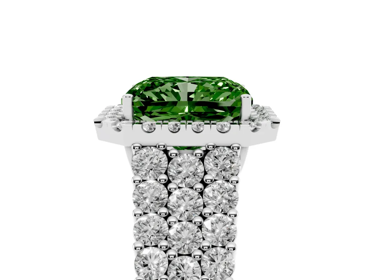 Fancy Green Radiant Cut Diamond Halo Engagement Ring with Triple Row Round Pavé Band and Prong Setting Silver