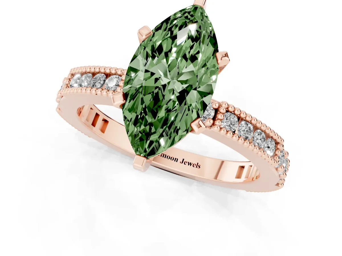 Fancy Green Marquise Cut Solitaire with Pavé Band and Four-Prong Setting Rose gold