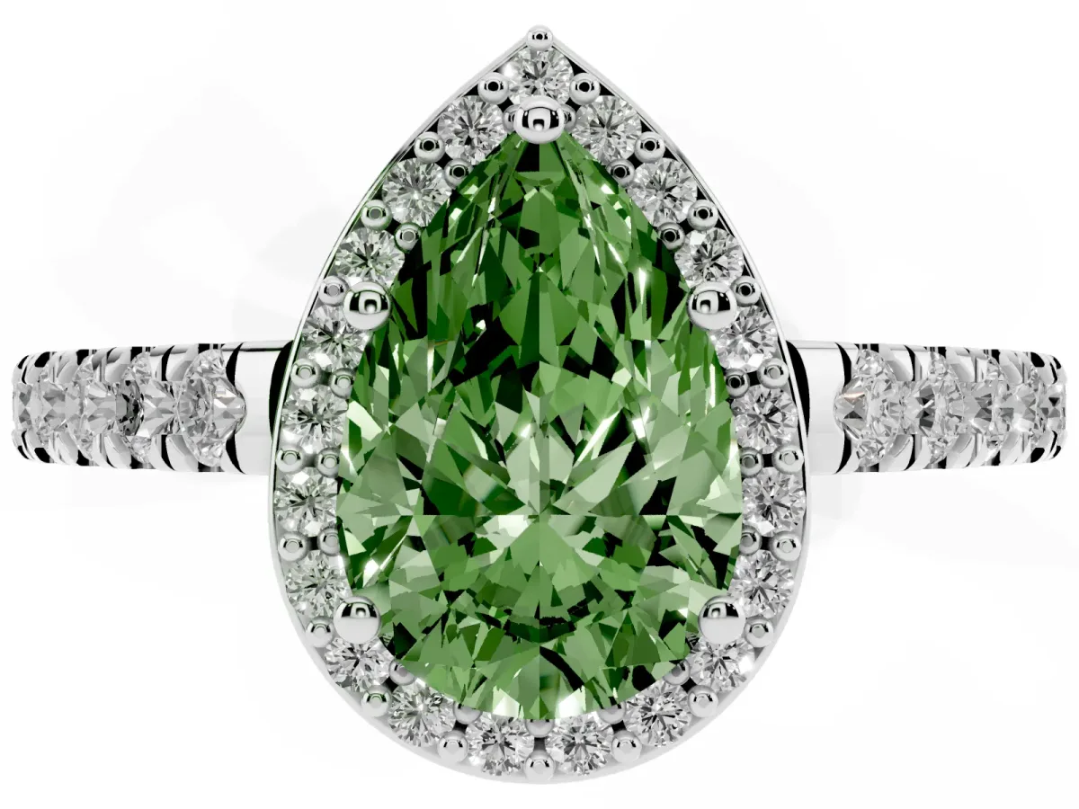 Fancy Green Pear Cut Cut Halo Diamond Engagement Ring with Pave Band and Four-Prong Setting White gold