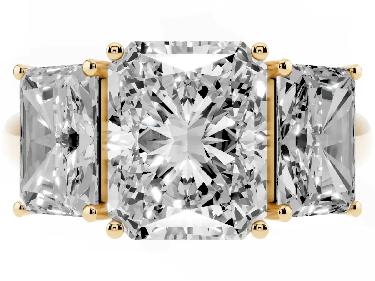 Three-Stone Radiant Cut Diamond Engagement Ring with Prong Setting Yellow gold