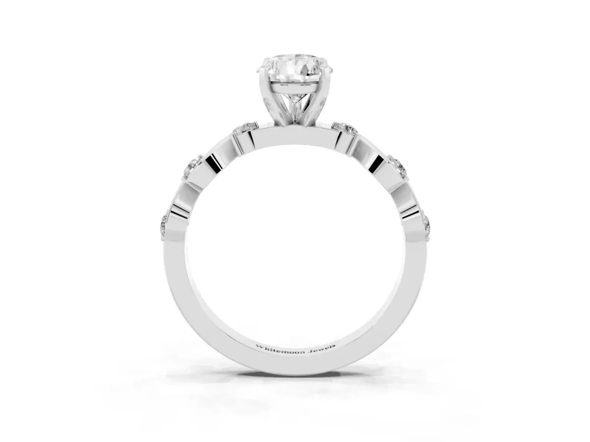 Pear Cut Diamond Solitaire Twisted Band with Round Accents and Prong Setting White gold