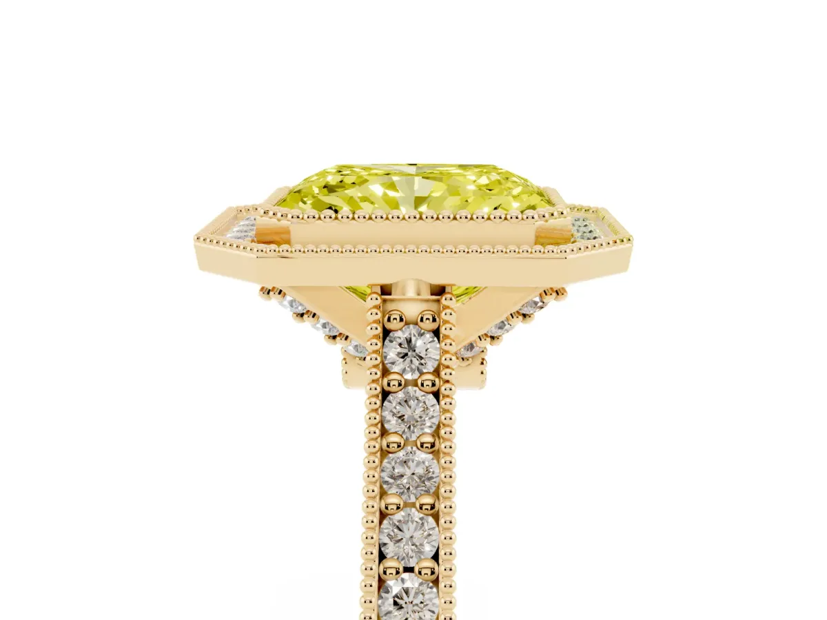 Fancy Yellow Halo Radiant Cut-Cut Diamond Pave Band Milgrain Prong Setting Ring Yellow gold