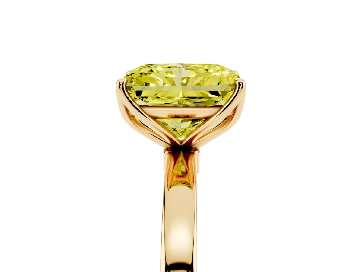 Fancy Yellow Radiant Cut Diamond Solitaire Ring with Thin Band and Prong Setting Yellow gold