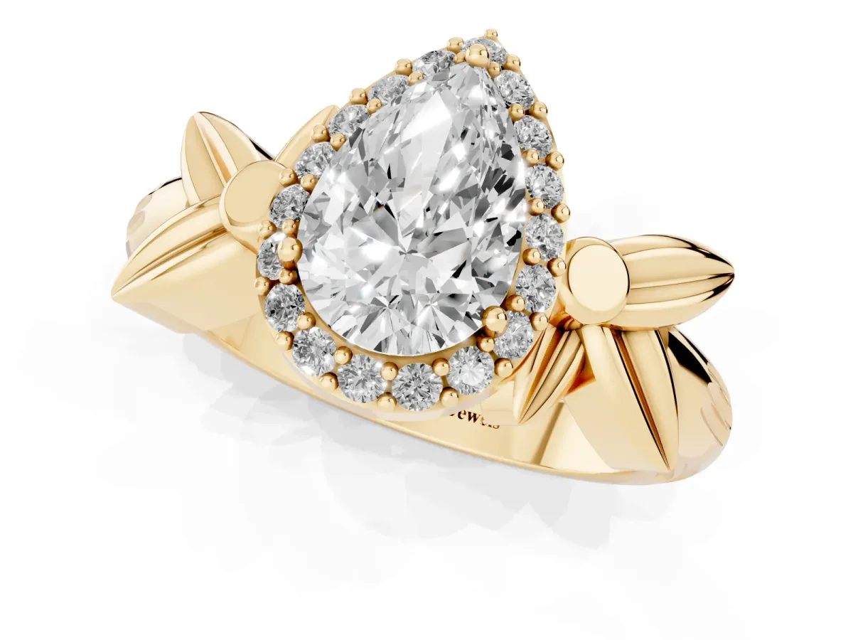 Pear Cut Halo Diamond Floral Band with Four-Prong Setting Yellow gold