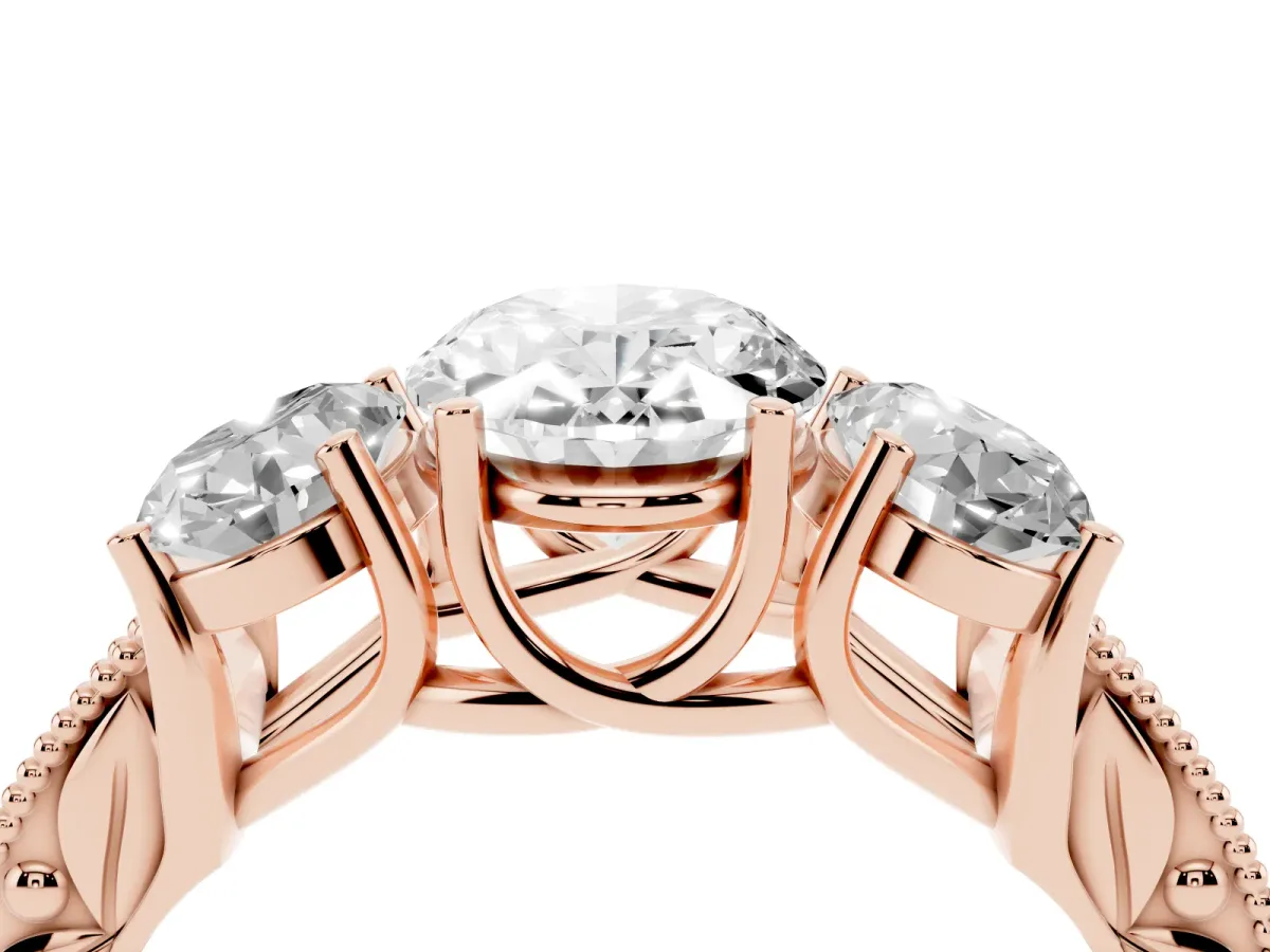 Three-Stone Oval Cut Cut Milgrain Pavé Engagement Ring Rose gold