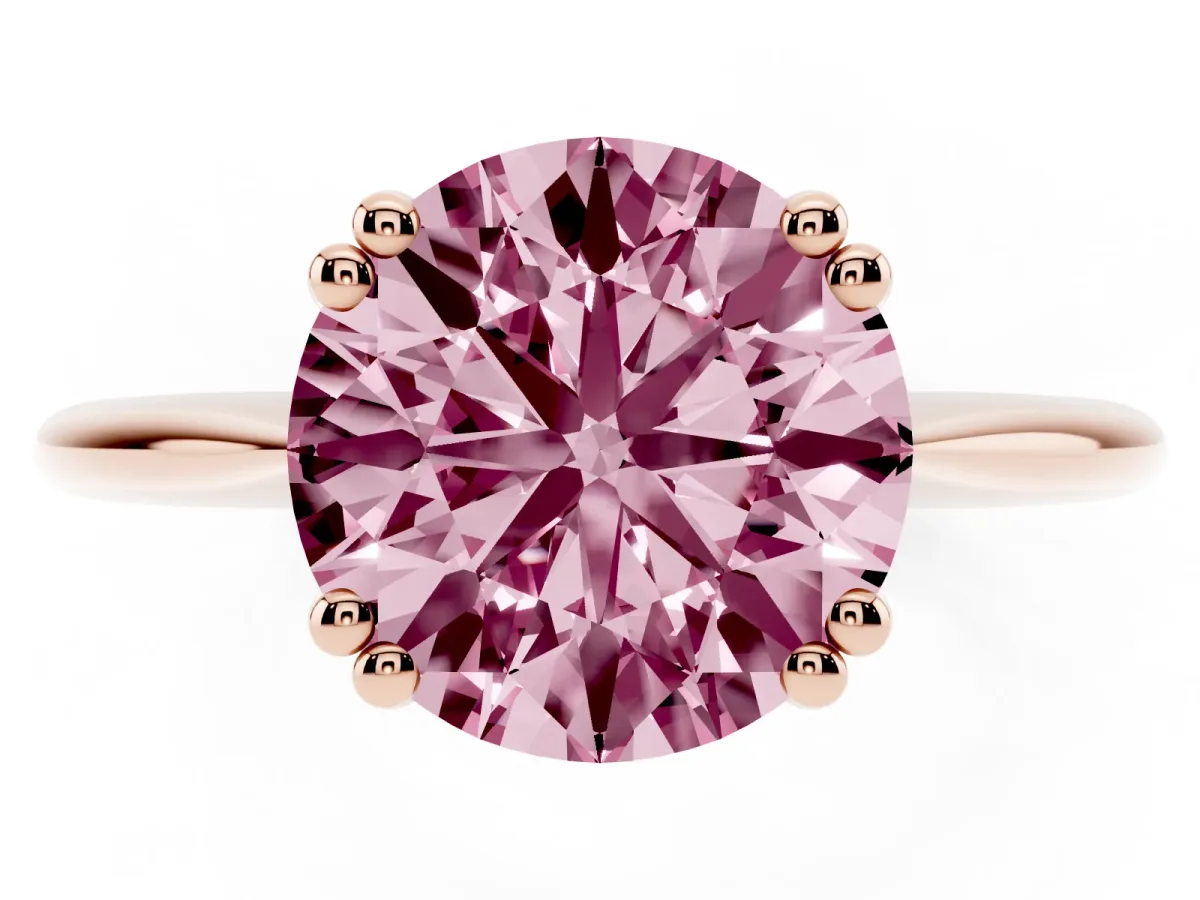Fancy Pink Round Cut Solitaire Diamond Ring with Six-Prong Setting and Classic Band Rose gold