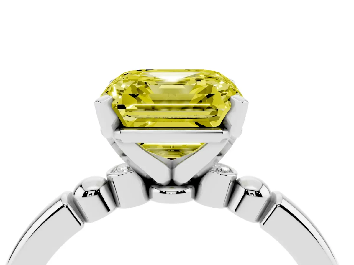 Fancy Yellow Asscher Cut Solitaire Beaded Band with Four-Prong Setting Platinum