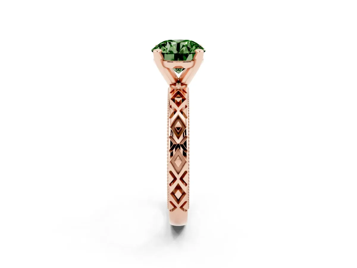 Fancy Green Round Cut Solitaire Diamond Ring with Milgrain and Black Enamel X Pattern Band Rose gold