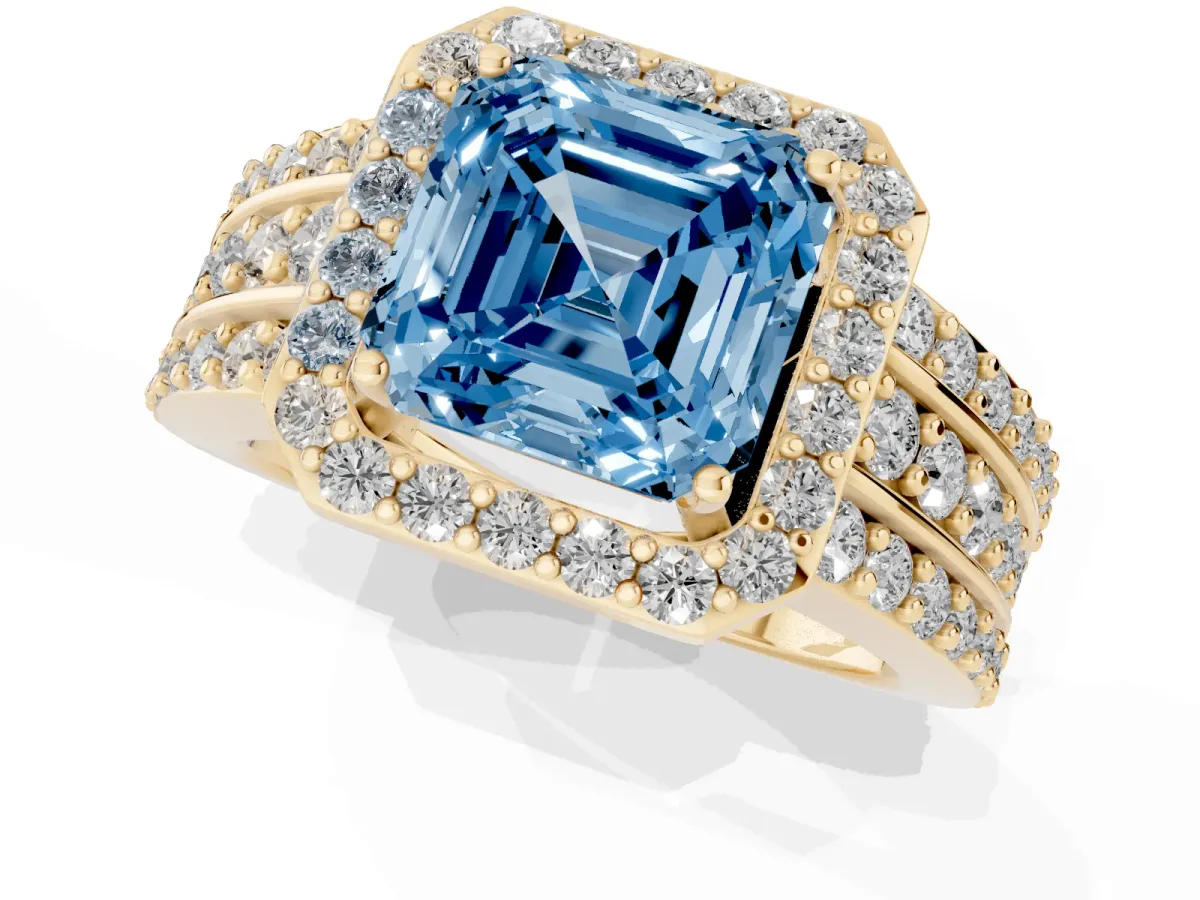 Fancy Blue Asscher Cut Halo Diamond Ring with Round Split Shank and Prong Setting Yellow gold