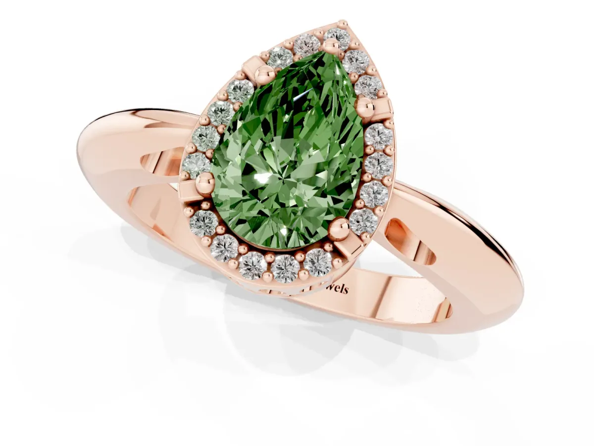 Fancy Green Pear Cut Cut Diamond Halo Engagement Ring with Split Shank and Four-Prong Setting Rose gold