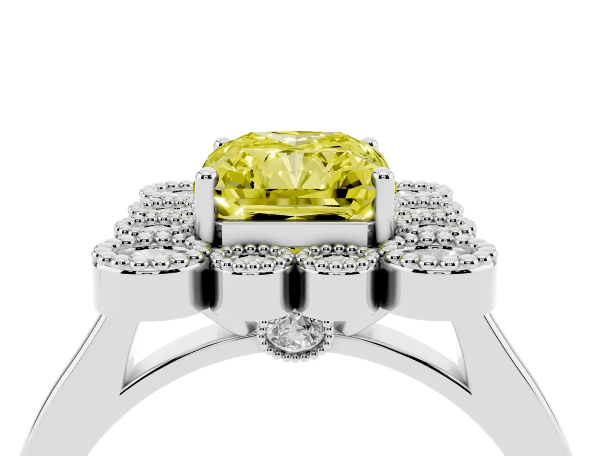 Fancy Yellow Radiant Cut Halo Diamond Cluster Engagement Ring with Milgrain Bezel Setting and Solitaire Band Silver