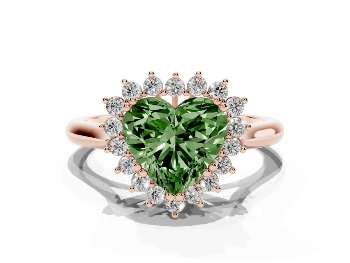Fancy Green Heart Cut Cut Diamond Halo Ring with Solitaire Band and Prong Setting Rose gold