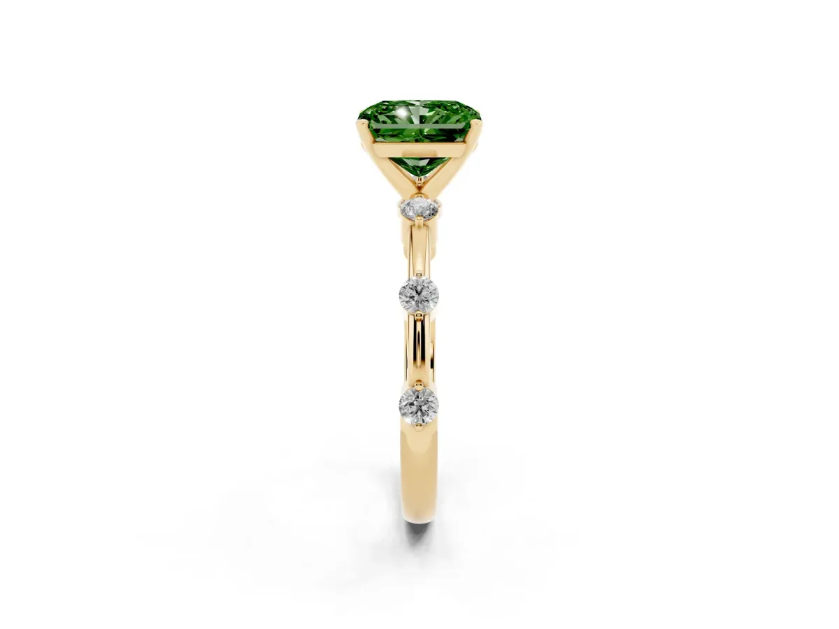 Fancy Green Radiant Cut Solitaire Diamond Ring with Bezel Set Side Stones and Prong Setting Yellow gold