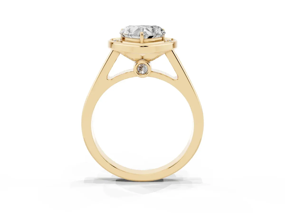 Heart Cut Halo Solitaire Diamond Ring with Pave Band and Bezel Setting Yellow gold